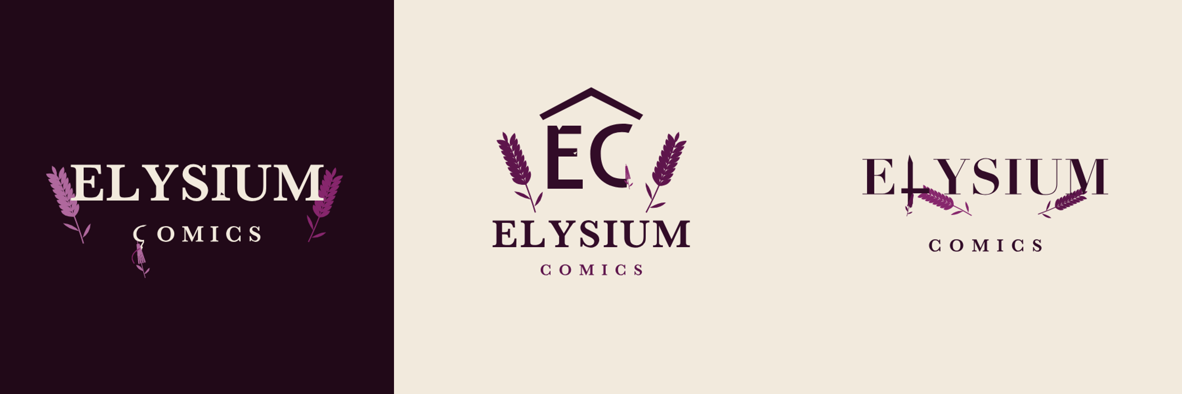 Three Elysium Comics logo directions shown side by side